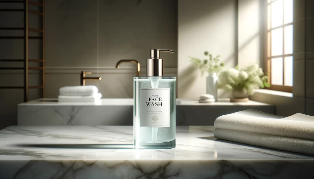 A premium face wash bottle on a marble countertop, symbolizing purity and cleanliness.