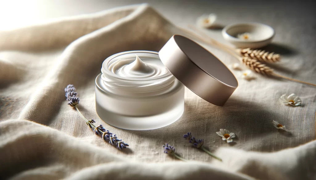 A delicate eye cream jar on a textured surface, highlighting rejuvenation for the under-eye area.